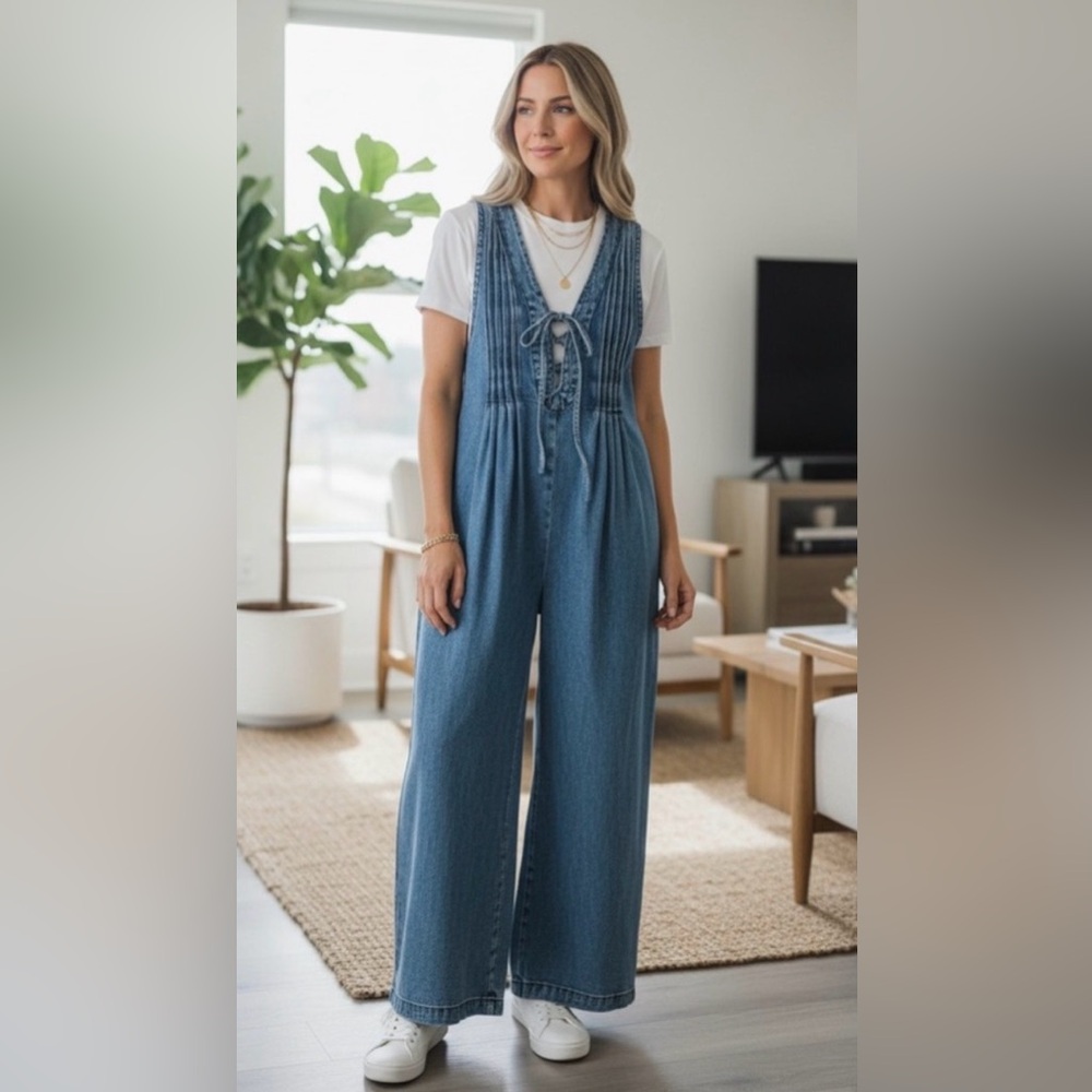 #20 Denim Blue Pleated Jumpsuit 21.5” PTP 22” waist